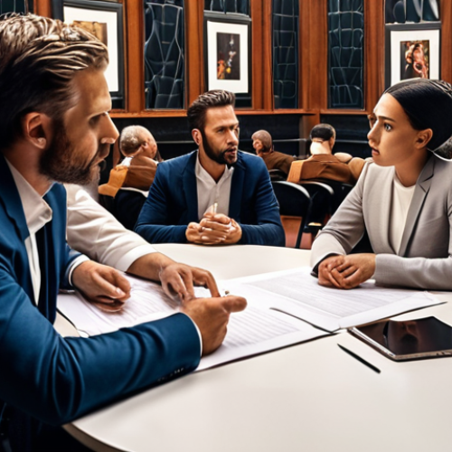 Home 11 **A tense negotiation scene between event organizers and a charismatic artist, focusing on contracts and creative differences.**
