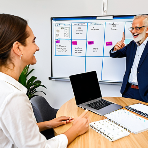 Home 6 **
A vibrant, modern co-working space in Madrid. A young, eager woman is in a lively discussion with an older, experienced businessman (her mentor). They're both smiling, pointing at a laptop displaying event planning software with AI features. The atmosphere is positive and collaborative. Background elements include whiteboards with brainstorming notes, plants, and other people working. Focus on showcasing a mentorship relationship leveraging AI for event planning.
**