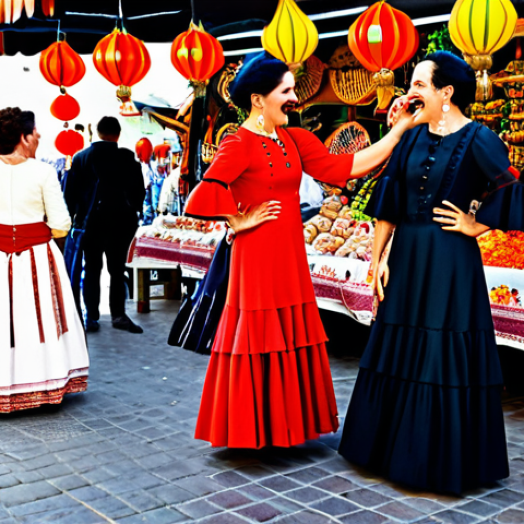 ** A vibrant street market scene in Seville, Spain, during the Feria de Abril. Women in traditional flamenco dresses (trajes de flamenca), fully clothed, are laughing and talking. Colorful lanterns and flowers decorate the background. Safe for work, appropriate content, family-friendly, professional photography, perfect anatomy, natural proportions.
**