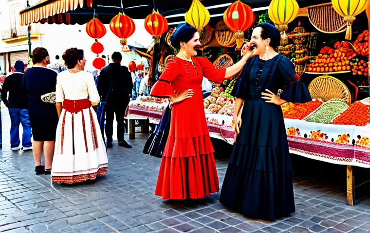 ** A vibrant street market scene in Seville, Spain, during the Feria de Abril. Women in traditional flamenco dresses (trajes de flamenca), fully clothed, are laughing and talking. Colorful lanterns and flowers decorate the background. Safe for work, appropriate content, family-friendly, professional photography, perfect anatomy, natural proportions.
**