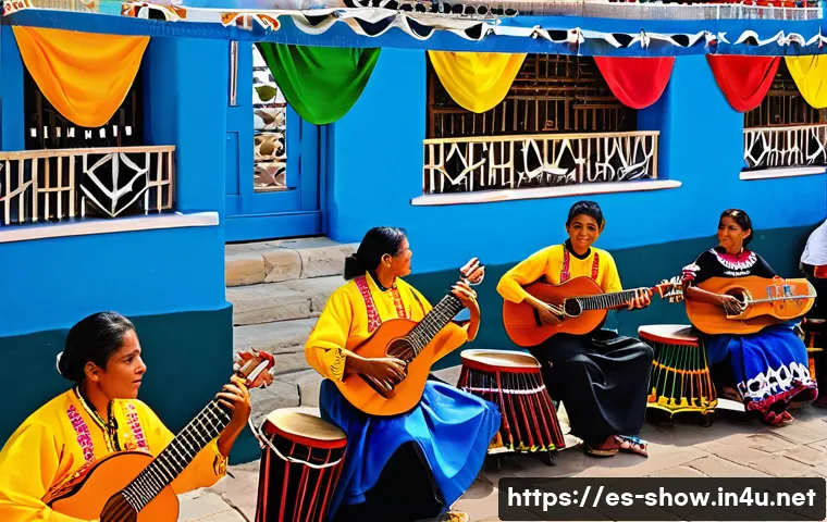 공연기획사와 지역 사회와의 협력 사례 - A vibrant traditional music festival scene in Oaxaca, Mexico, featuring musicians playing indigenous...