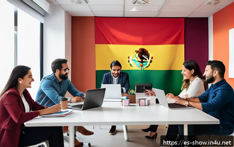 공연기획사의 직업 만족도 유지 비결 - A vibrant and modern office environment in a Latin American agency, featuring a diverse team of prof...