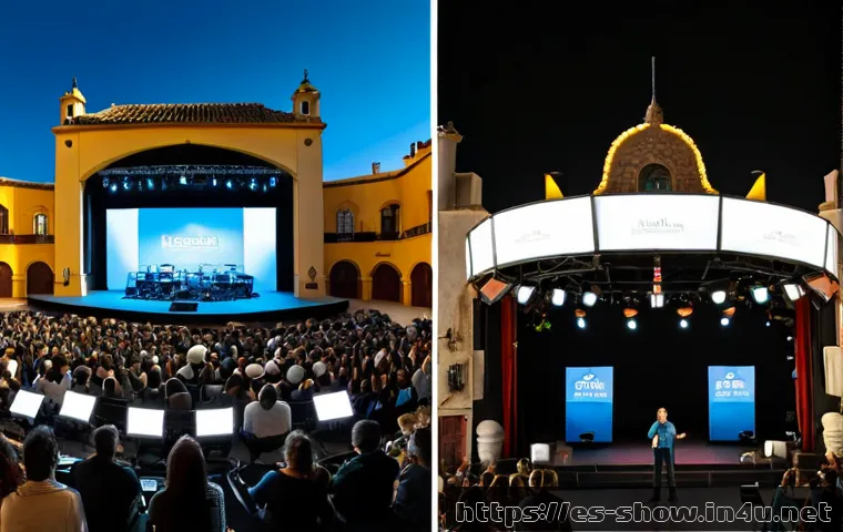 공연기획사의 시즌별 업무 차이 - Photorealistic split-scene comparison of a Spanish live event planning agency across seasons: left s...